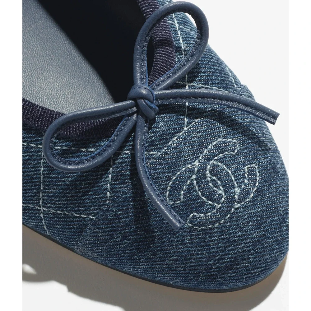 Chanel 26P Washed Denim Blue Quilted CC Logo Bow Tie Ballet Ballerina Flat 38 - Picture 7 of 16
